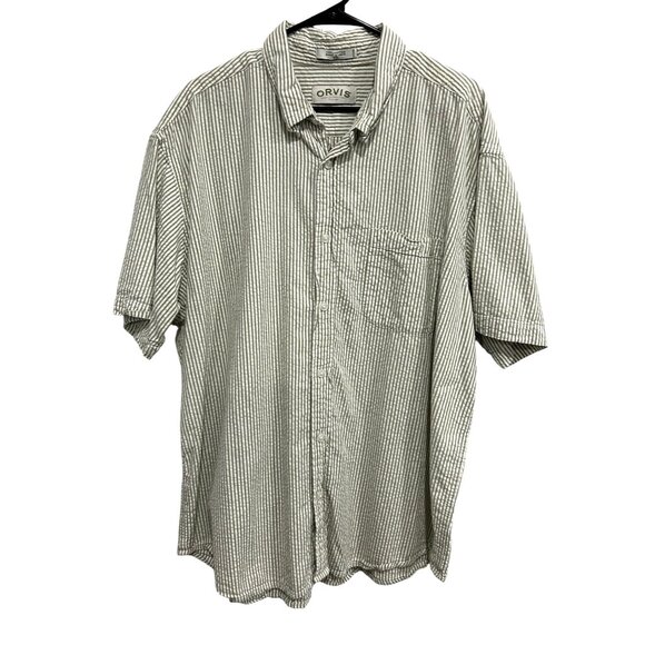 Orvis Mens Green White Striped Short Sleeve Shirt XXL Button Down - Picture 1 of 9